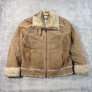 Wilsons Leather Maxima Jacket Womens Large Brown Suede Faux Fur Trim Aviator Y2K